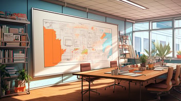 an illustration of an office with a full dry erase whiteboard wall
