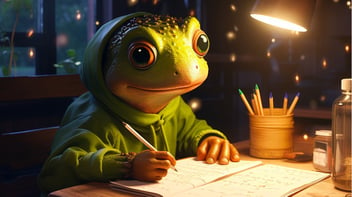 3D rendering of a frog working on a drawing