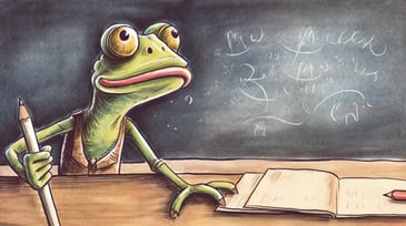 Illustration of a frog teacher in front of a chalkboard in classroom